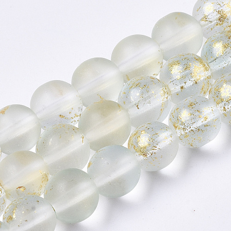 Honeyhandy Frosted Spray Painted Glass Beads Strands, with Golden Foil, Round, Azure, 8~9mm, Hole: 1.2~1.5mm, about 46~56pcs/Strand, 14.37 inch~16.3 inch(36.5~41.4cm)