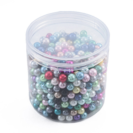 Glass Imitation Pearl Beads, Round, with Column Acrylic Bead Containers, Mixed Color, 8.5x7.5mm, Hole: 1mm, Box: 85x85x85