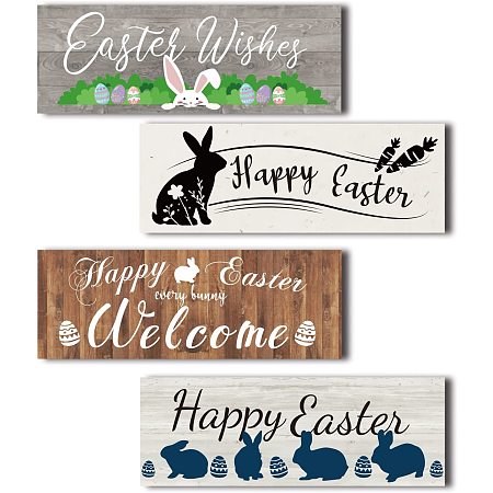 CRASPIRE 4 Pieces Happy Easter Wood Signs Wall Decor Hanging Wall Sign Farmhouse Wooden Wall Sign Decorations Set Wall Mount for Home Front Door Farmhouse Porch Garden Yard,5.5 x 1.96 x 0.4inch