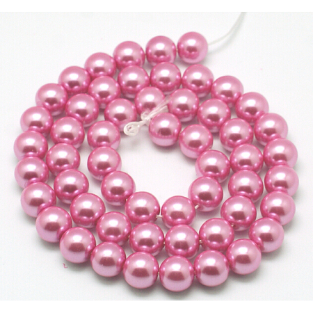 Environmental Dyed Glass Pearl Round Beads Strands, Cotton Cord Threaded, Pearl Pink, 10mm, Hole: 0.7~1.1mm; about 42pcs/strand, 15 inches