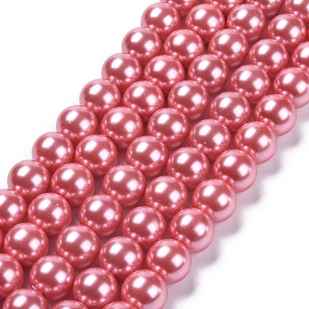 Arricraft Eco-Friendly Glass Pearl Bead Strands, Round, Dyed, Cotton Cord Threaded, Pearl Pink, 14mm, Hole: 1.2~1.5mm, about 30pcs/strand, 15.7 inch