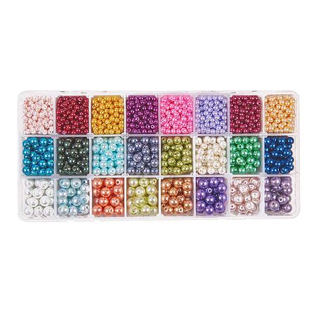 PandaHall Elite 2640pcs 24 Color 3 Sizes Pearlized Glass Beads Dyed Round Satin Luster Faux Pearl Beads for Bracelet Necklace Jewelry Making(4mm, 6mm, 8mm)