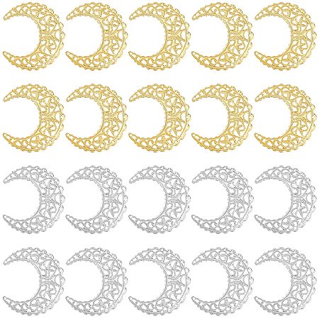 Arricraft 100 Pcs Iron Filigree Joiner Links, Hollow Moon Filigree Pendant with Metal Embellishments, Connector Joiners Links Charms for DIY Jewelry Making, Silver and Golden