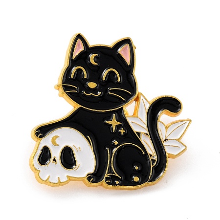 Honeyhandy Cat with Skull Enamel Pin, Cute Alloy Enamel Brooch for Backpacks Clothes, Light Gold, Black, 28x29x9.5mm