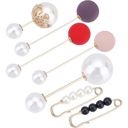 GORGECRAFT 1 Box 16Pcs 8 Styles Pearl Safety Pin Decorative Safety Clips Heavy Duty Faux White Pearls Colorful Balls Shawl Pins Brooches for Sweater Dresses Cardigans Collar Women Supplies