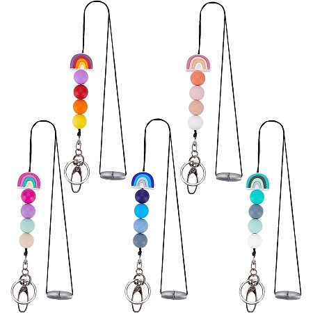 BENECREAT 5Pcs 5 Colors Rainbow Silicone Beaded Lanyards, Boho Neck Lanyard Necklaces with Alloy Key Hook for School Card, Key, Employee Card Clip, Hanging Decorations