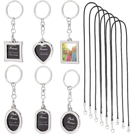 CHGCRAFT 6Pcs Frame Keychain Picture Photo Frame Keychain Car Rearview Mirror Hanging Ornament Metal Heart Keyring with 6Pcs Waxed Cotton Cord Necklace Making for Car Mirror Wedding Gifts