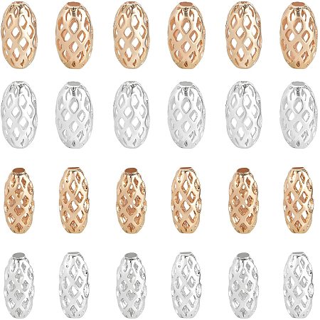 Arricraft 80 Pcs Hollow Brass Rice Beads, Real 24K Gold Plated Brass Loose Beads, Oval Spacer Beads for Jewelry Bracelet Necklace Making, Mixed Sizes, Golden and Silver, Hole: About 1.4 mm