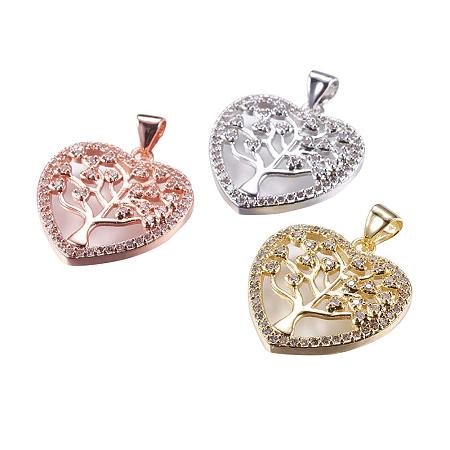ARRICRAFT 10 pcs Heart Shape Brass Pendants with Tree of Life Shape Micro Pave Cubic Zirconia for DIY Jewelry Making, Mixed Colors