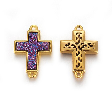 Brass Links connectors, with Druzy Resin, Golden Plated Color, Cross, Purple, 19.7x13.5x3.5mm, Hole: 1.2mm