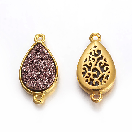 Brass Links connectors, with Druzy Resin, Golden Plated Color, teardrop, Rosy Brown, 19x10.5x5.5mm, Hole: 1.2mm