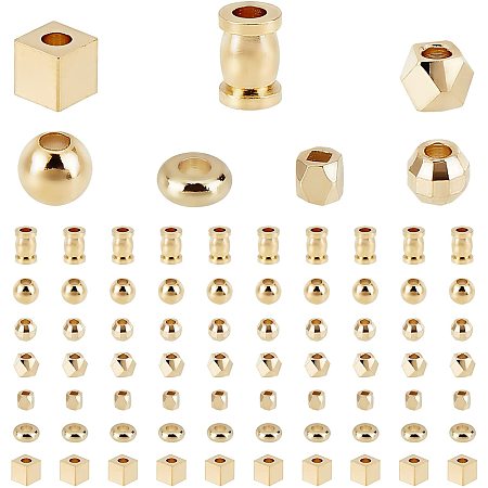 PandaHall Elite 140pcs Spacer Beads, 14K Gold Plated Loose Beads 7 Style Brass Spacer Beads Round Column Cube Charm Stopper Beads for Necklace Bracelet Earring Jewelry Making
