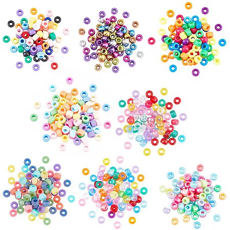 CHGCRAFT 152g 8 Styles Rainbow Plastic Pony Beads Package Glitter Transparent Big Hole Plastic Beads for Fun Neon Arts Crafts Mixed Color