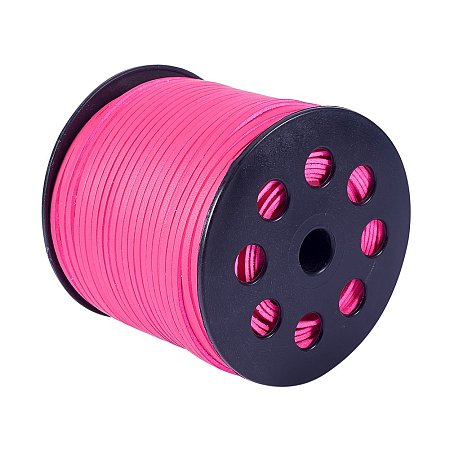 NBEADS 2.7mm 98 Yards/Roll Hot Pink Color of Lace Flat Faux Suede Leather Cord, One Side Covering with Imitation Leather Beading Thread Cords Braiding String for Jewelry Making