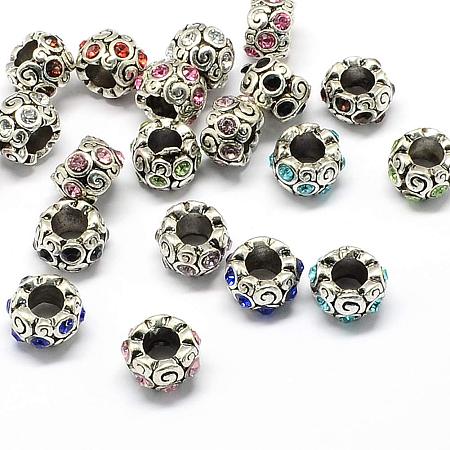NBEADS 50 Pcs Random Mixed Color Antique Silver Plated Alloy Rhinestone European Beads, Rondelle Large Hole Loose Beads for Jewelry Making