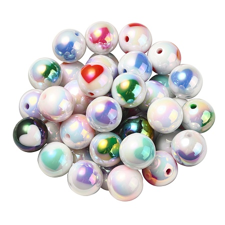 Honeyhandy UV Plating Rainbow Iridescent Acrylic Beads, Round with Heart Pattern, Mixed Color, 16x15mm, Hole: 3mm