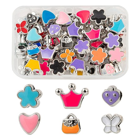 Arricraft 60Pcs 6 Style Girl Series UV Plating Acrylic Europen Beads, with Enamel, Large Hole Beads, Butterfly & Heart & Handbag & Flower & Crown, Mixed Color, 10~13x10~17x8~9mm, Hole: 4~5mm, 10pcs/style