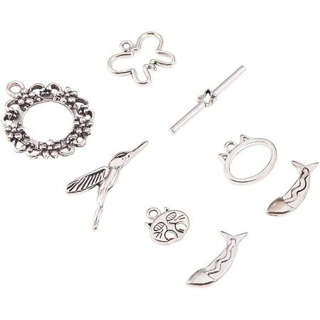 PandaHall Elite 25 Sets 3 Style Toggle Clasps Antique Silver Bracelet Jewelry Ring Clasp with 10pcs Cat Charms for Necklace Bracelet Jewelry Making