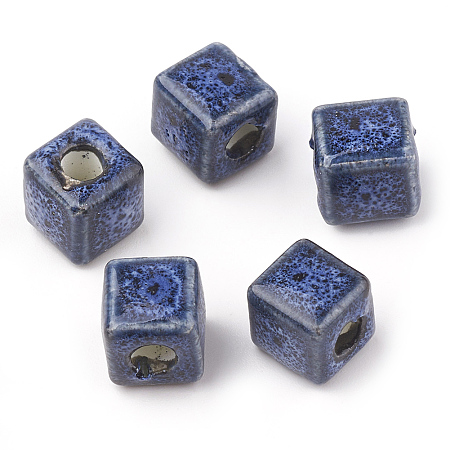 Handmade Porcelain Beads, Fancy Antique Glazed Style, Cube, Dark Blue, 9.5~10x9.5~10x9.5~10mm, Hole: 4mm