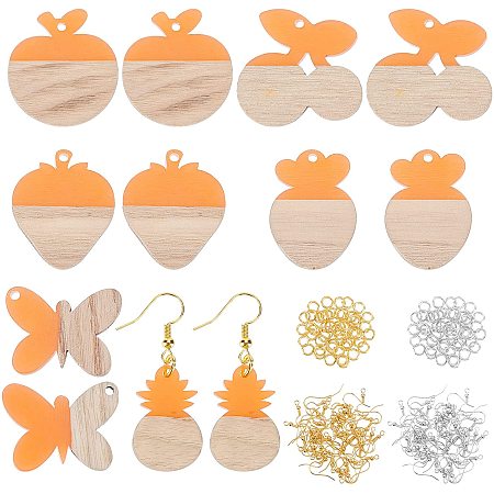 OLYCRAFT 12 Pcs Resin Wooden Earring Pendants Mixed Shaped Dangle Earring Making Kits Orange Resin Wood Dangle with Brass Earring Hooks for Necklace and Earring Making
