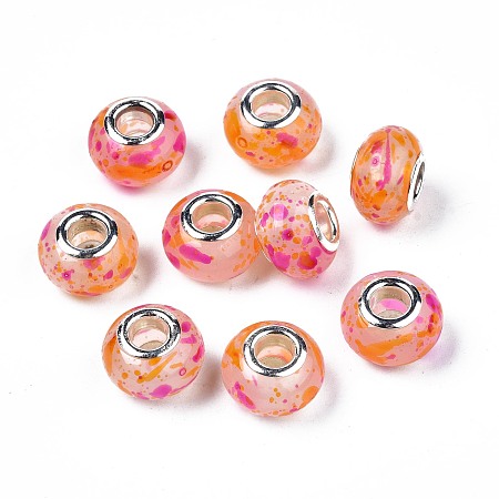 Resin European Beads, Large Hole Beads, with Platinum Tone Brass Double Cores, Imitation Jelly, Rondelle, Dark Orange, 14x9mm, Hole: 5mm