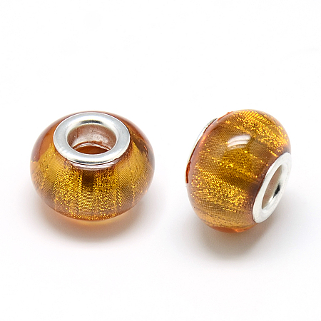 Honeyhandy Resin European Beads, Large Hole Beads, with Silver Color Plated Brass Cores, Rondelle Large Hole Beads, Goldenrod, 13.5x9~9.5mm, Hole: 5mm