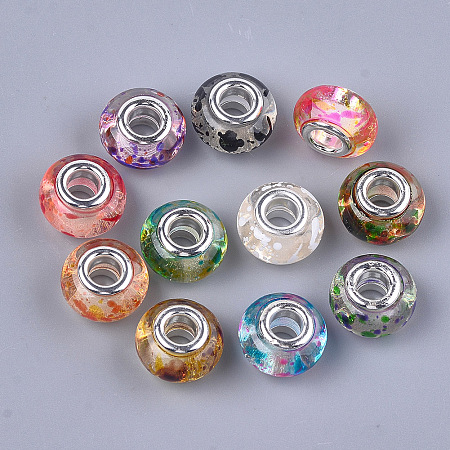 Arricraft Resin European Beads, Large Hole Beads, with Silver Color Plated Brass Cores, Rubberized Style, Rondelle, Mixed Color, 14x8mm, Hole: 5mm