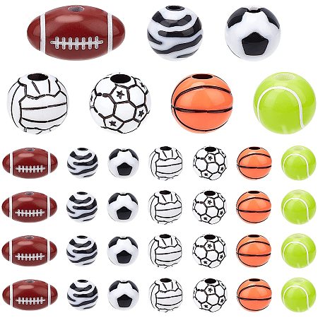 PandaHall Elite 140pcs Acrylic Ball Beads 7 Styles Assorted Sports Beads Basketball Volleyball Rugby Beads Round Ball Spacer Beads for DIY Necklace Friendship Bracelet Jewelry Making, 10~18mm