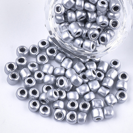 Honeyhandy Plated Glass Seed Beads, Metallic Colours, Round, Silver, 5~6x3~5mm, Hole: 1.2~2mm, about 2500pcs/bag