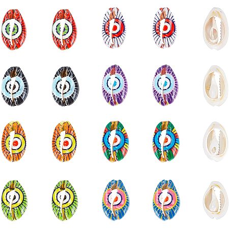 SUPERFINDINGS 40Pcs 8 Colors 0.71x0.52Inch Printed Natural Cowrie Shell Beads No Hole Seashell Beads Charms Evil Eye Pattern Beads for Summer Beach Necklace Craft Making Home Decoration
