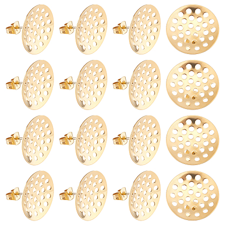 DICOSMETIC 20Pcs Stainless Steel Stud Earring Findings Blank Earring Posts with 0.8mm Pin and 1.5mm Loop Hole Golden Color Sieve Base and Earring Backs for Jewelry Earring Making