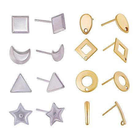 PandaHall Elite 80pcs 8 Shapes 304 Stainless Steel Blank Ear Stud Cabochon Setting Post Cup Earrings with Hole for Earring Designs Stainless Steel and Gold