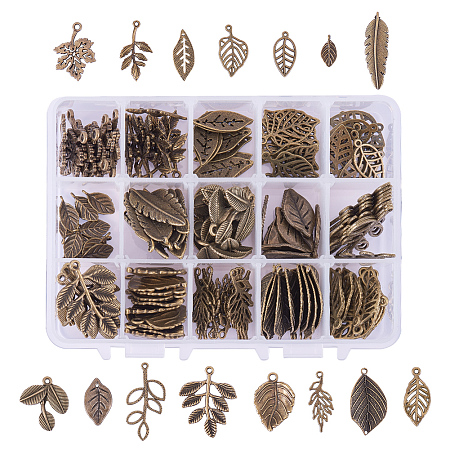 PandaHall Elite 150 PCS 15 Tree Leaf Style Antique Bronze Tibetan Alloy Charms Finding Pendants Beads Charms for DIY Jewelry Making