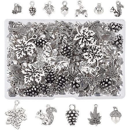 SUPERFINDINGS 144Pcs 12 Style Alloy Tibetan Style Acorns Leaf Pumpkins Squirrel Pine Corn Pendants for Jewelry Making Accessory, Antique Silver