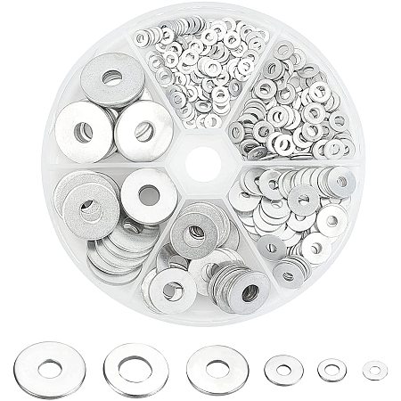 SUPERFINDINGS About 320pcs 6 Sizes Platinum Color Plated Iron Flat Washers Metal Stamping Washer Blanks Round Stamping Tags with Center Hole for Jewelry Making and Automotive Screw Fastening