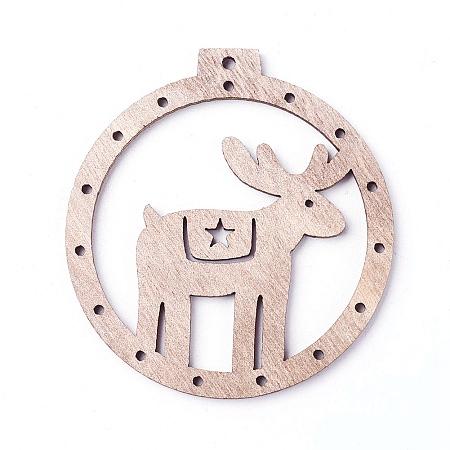 Arricraft Undyed Wood Big Pendants, Flat Round with Christmas Reindeer/Stag, BurlyWood, 68.5x63.5x2.5mm, Hole: 2.5mm