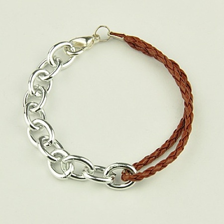 Honeyhandy Fashion Braided Bracelets, with PU Leather Cord, Aluminium Chains and Alloy Lobster Claw Clasps, Saddle Brown, 195mm