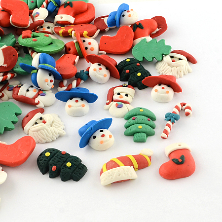 Arricraft Mixed Shapes Handmade Christmas Theme Polymer Clay Pendants, Mixed Color, 21~29x14~24x4~11mm, Hole: 1mm