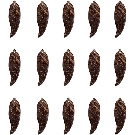 NBEADS 20pcs Coconut Leaf Pendants, Coffee Tone Leaf Hanging Charms Beach Style Home Decorations for Earring Jewelry Making Art Crafts, 50x17mm
