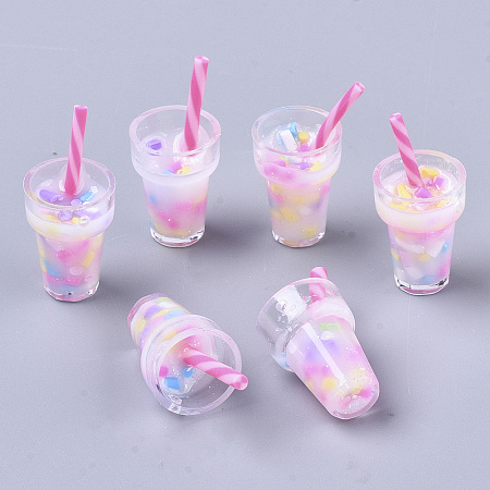 Honeyhandy Epoxy Resin Pendants, with Polymer Clay Inside, Transparent Acrylic Bubble Tea Fruit Juice Cup, Hot Pink, 27~28x13mm, Hole: 1.4mm