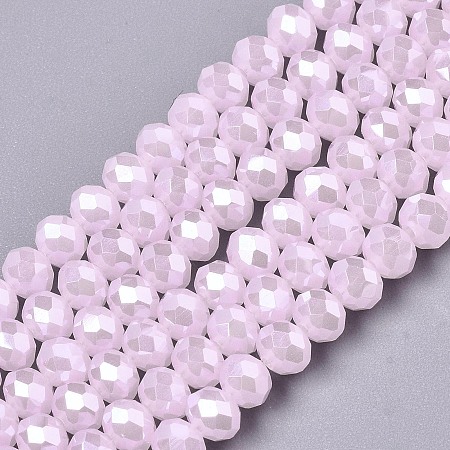 Honeyhandy Electroplate Glass Beads Strands, Imitation Jade Beads, Pearl Luster Plated, Faceted, Rondelle, Pink, 4x3mm, Hole: 0.4mm, about 123~127pcs/strand, 17~17.5 inch(43~44cm)