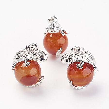 ARRICRAFT Natural Carnelian/Red Agate Pendants, with Brass Findings, Lizard, Dyed & Heated, Platinum, 28x20.5x16mm, Hole: 5x8mm