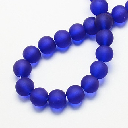 Honeyhandy Transparent Glass Bead Strands, Frosted, Round, Blue, 10mm, Hole: 1.3~1.6mm, about 80pcs/strand, 31.4 inch
