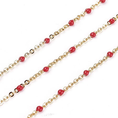 ARRICRAFT Handmade Enamel Beaded Chains, Brass Cable Chains, Long-Lasting Plated, Soldered, Red, Real 18K Gold Plated, 1.5mm