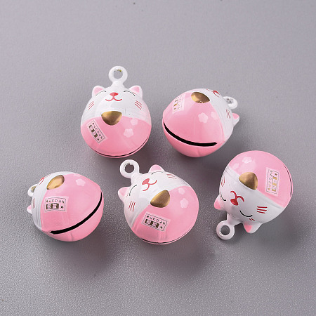 Honeyhandy Baking Painted Brass Bell Pendants, Maneki Neko/Beckoning Cat, Pink, 23x17x16.5mm, Hole: 2mm