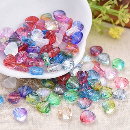 ARRICRAFT Czech Lampwork Beads, Frosted, Dyed/Gold Inlay Color/Transparent, Scallop Shell Shape, Mixed Color, 7~7.5x8.5~9x4mm, Hole: 0.9mm.