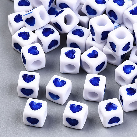 Honeyhandy Opaque Acrylic European Beads, Large Hole Cube Beads, with Heart Pattern, Blue, 7x7x7mm, Hole: 4mm