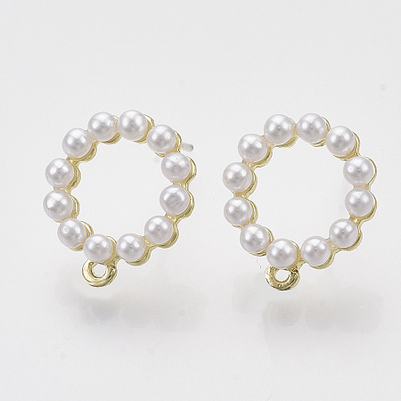Honeyhandy Alloy Stud Earring Findings, with ABS Plastic Imitation Pearl, Raw(Unplated) Pin and Loop, Round Ring, Golden, 15x13mm, Hole: 0.8mm, Pin: 0.7mm