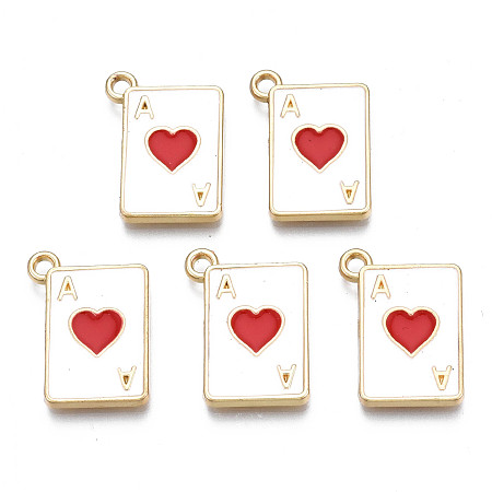 Honeyhandy Rack Plating Alloy Enamel Pendants, Light Gold, Cadmium Free & Nickel Free & Lead Free, Playing Cards Ace of Hearts, Red, 19x14x2mm, Hole: 1.6mm