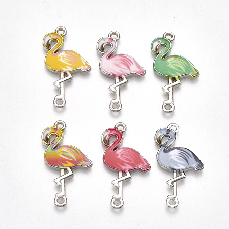 Arricraft Printed Alloy Links, with Enamel, Flamingo Shape, Platinum, Mixed Color, 31x17x2mm, Hole: 1.5mm